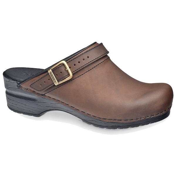 Women's Open Back Clog, Smooth Oiled leather Upper, Antique Brown, Size 7.5-8 M